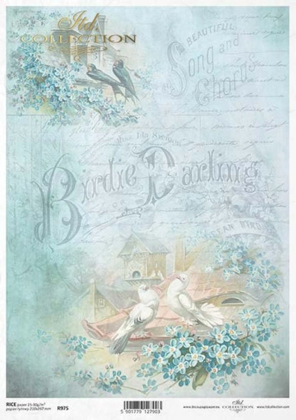 ITD Collection Rice Paper for Decoupage R0975, Size A4 - 210x297 mm, 8.27x11.7 inch, blue flowers forget-me-nots, birds, background ITD Collection