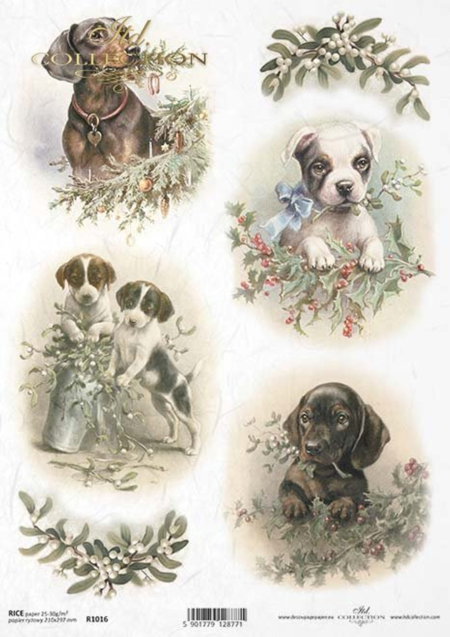 ITD Collection Rice Paper for Decoupage R1016, Size A4 - 210x297 mm, 8.27x11.7 inch, Vintage, Christmas Puppies, Rounds, Dogs