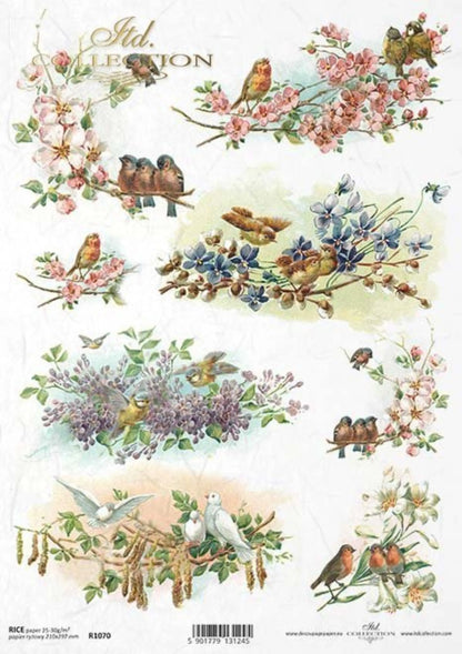 ITD Collection Rice Paper for Decoupage R1070, Size A4 - 210x297 mm, 8.27x11.7 inch, Shabby Chic, spring, birds, flowers ITD Collection