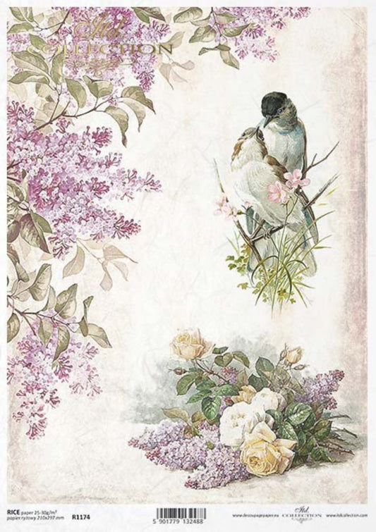 ITD Collection Rice Paper for Decoupage R1174, Size A4 - 210x297 mm, 8.27x11.7 inch, birds, flowers, lilacs, love birds