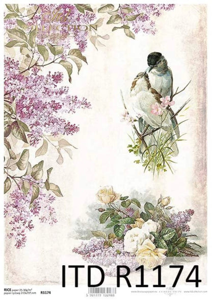 ITD Collection Rice Paper for Decoupage R1174, Size A4 - 210x297 mm, 8.27x11.7 inch, birds, flowers, lilacs, love birds ITD Collection