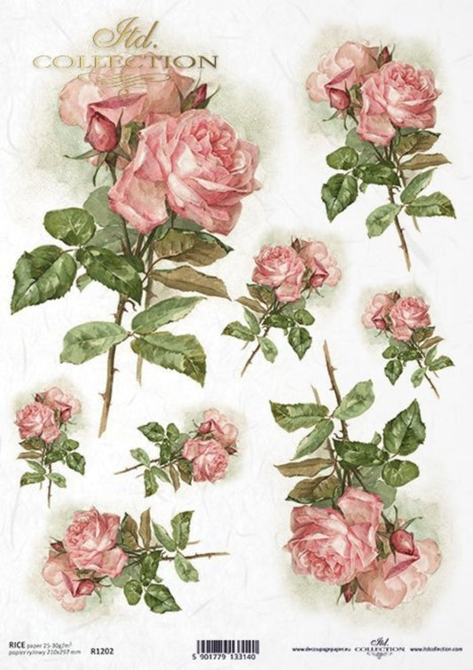 ITD Collection Rice Paper for Decoupage R1202, Size A4 - 210x297 mm, 8.27x11.7 inch, Shabby Chic, Vintage, flowers, pink roses