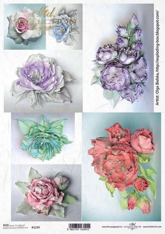 ITD Collection Rice Paper for Decoupage R1239, Size A4 - 210x297 mm, 8.27x11.7 inch, Shabby Chic, Flowers, art Olga Bielska, Rose Bouquets