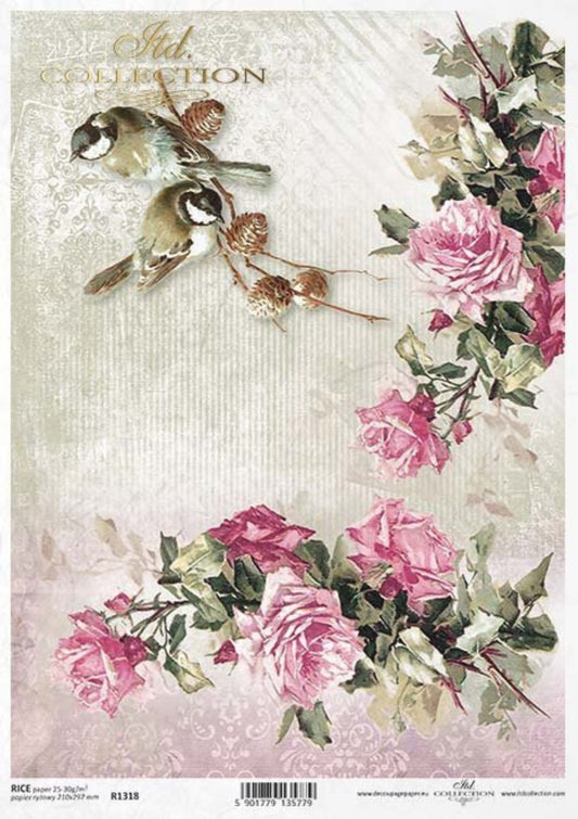 ITD Collection Rice Paper for Decoupage R1318, Size A4 - 210x297 mm, 8.27x11.7 inc, Shabby Chic Roses, birds, background