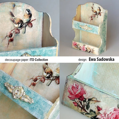 ITD Collection Rice Paper for Decoupage R1318, Size A4 - 210x297 mm, 8.27x11.7 inc, Shabby Chic Roses, birds, background ITD Collection