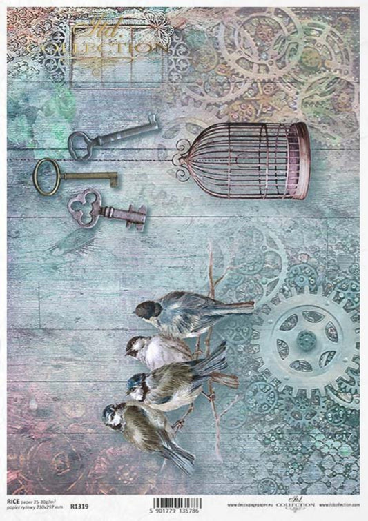 ITD Collection Rice Paper for Decoupage R1319, Size A4 - 210x297 mm, 8.27x11. inc, Vintage, backgrounds, Steampunk, bird cage, Shabby Chic