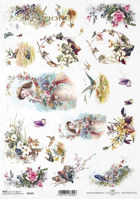 ITD Collection Rice Paper for Decoupage R1333, Size A4 - 210x297 mm, 8.27x11. inc, Vintage, Shabby Chic, birds, bouquets, spring flowers