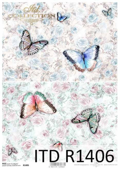 ITD Collection Rice Paper for Decoupage R1406, Size A4 - 210x297 mm, 8.27x11. inch Shabby Chic butterflies, flower, rose, background ITD Collection