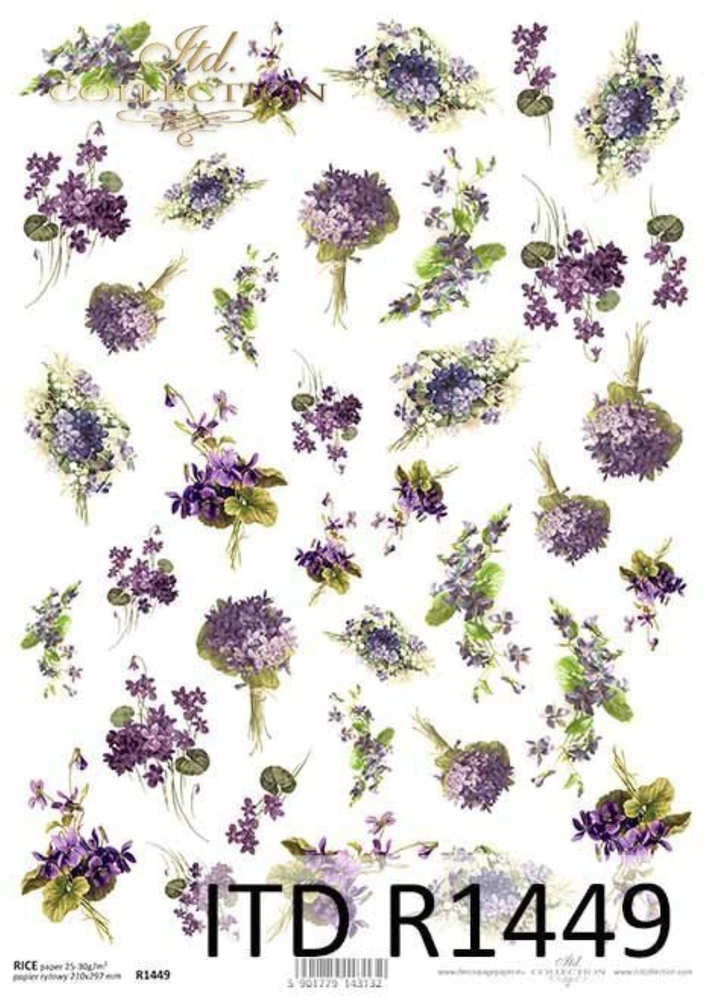 ITD Collection Rice Paper for Decoupage R1449, Size A4 - 210x297 mm, 8.27x11.7 inch, flowers, violets, bouquet, meadow, garden, spring