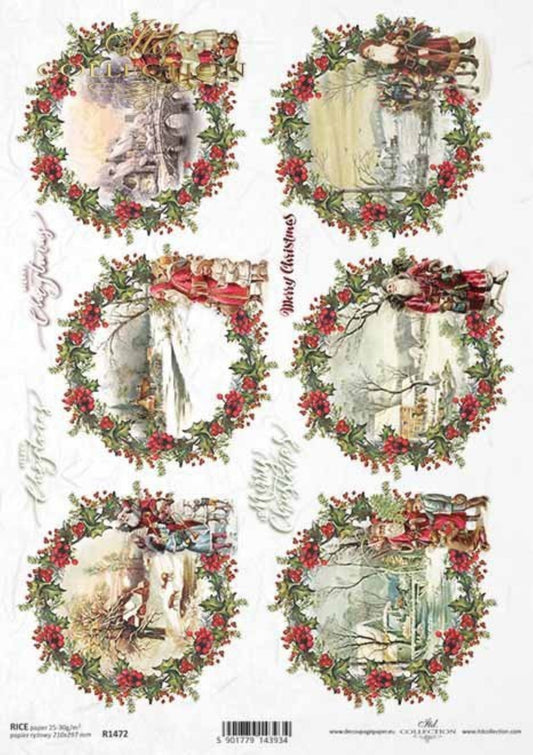 ITD Collection Rice Paper for Decoupage R1472, Size A4 - 210x297 mm, 8.27x11.7 inch, Christmas Rounds, decorations, wreaths, holly, Santa