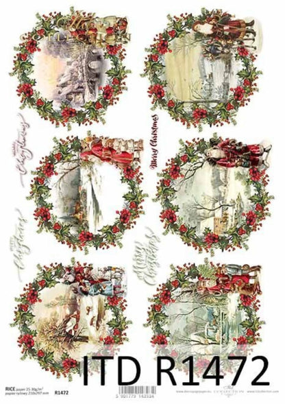 ITD Collection Rice Paper for Decoupage R1472, Size A4 - 210x297 mm, 8.27x11.7 inch, Christmas Rounds, decorations, wreaths, holly, Santa ITD Collection