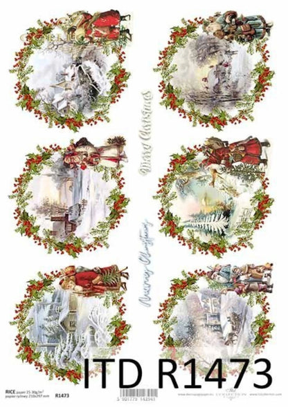 ITD Collection Rice Paper for Decoupage R1473, Size A4 - 210x297 mm, 8.27x11.7 inch, Christmas Rounds, decorations, wreaths, holly, Santa ITD Collection