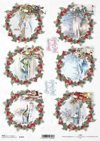 ITD Collection Rice Paper for Decoupage R1474, Size A4 - 210x297 mm, 8.27x11.7 inch, Christmas Rounds, decorations, wreaths, holly, Santa ITD Collection
