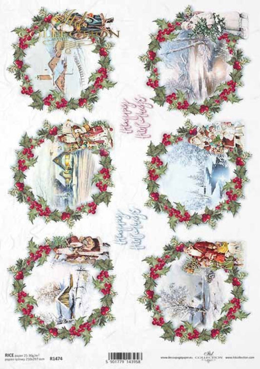 ITD Collection Rice Paper for Decoupage R1474, Size A4 - 210x297 mm, 8.27x11.7 inch, Christmas Rounds, decorations, wreaths, holly, Santa