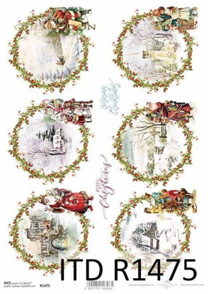 ITD Collection Rice Paper for Decoupage R1475, Size A4 - 210x297 mm, 8.27x11.7 inch, Christmas Rounds,  wreaths, Holly, Santa, Ornaments ITD Collection