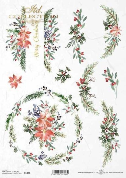 ITD Collection Rice Paper for Decoupage R1476, Size A4 - 210x297 mm, 8.27x11.7 inch, Christmas flowers, decorations, wreaths, holly, flowers ITD Collection