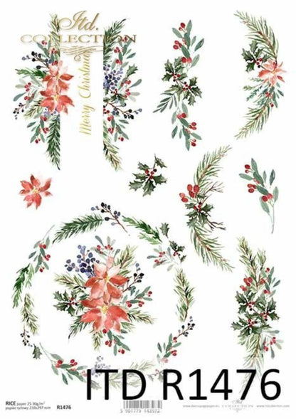 ITD Collection Rice Paper for Decoupage R1476, Size A4 - 210x297 mm, 8.27x11.7 inch, Christmas flowers, decorations, wreaths, holly, flowers ITD Collection