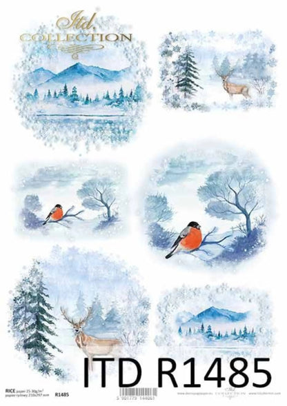 ITD Collection Rice Paper for Decoupage R1485, Size A4 - 210x297 mm, 8.27x11.7 inch, Christmas Rounds, winter views, mountains, deer, birds ITD Collection