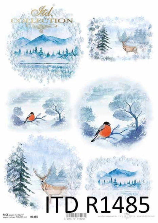 ITD Collection Rice Paper for Decoupage R1485, Size A4 - 210x297 mm, 8.27x11.7 inch, Christmas Rounds, winter views, mountains, deer, birds