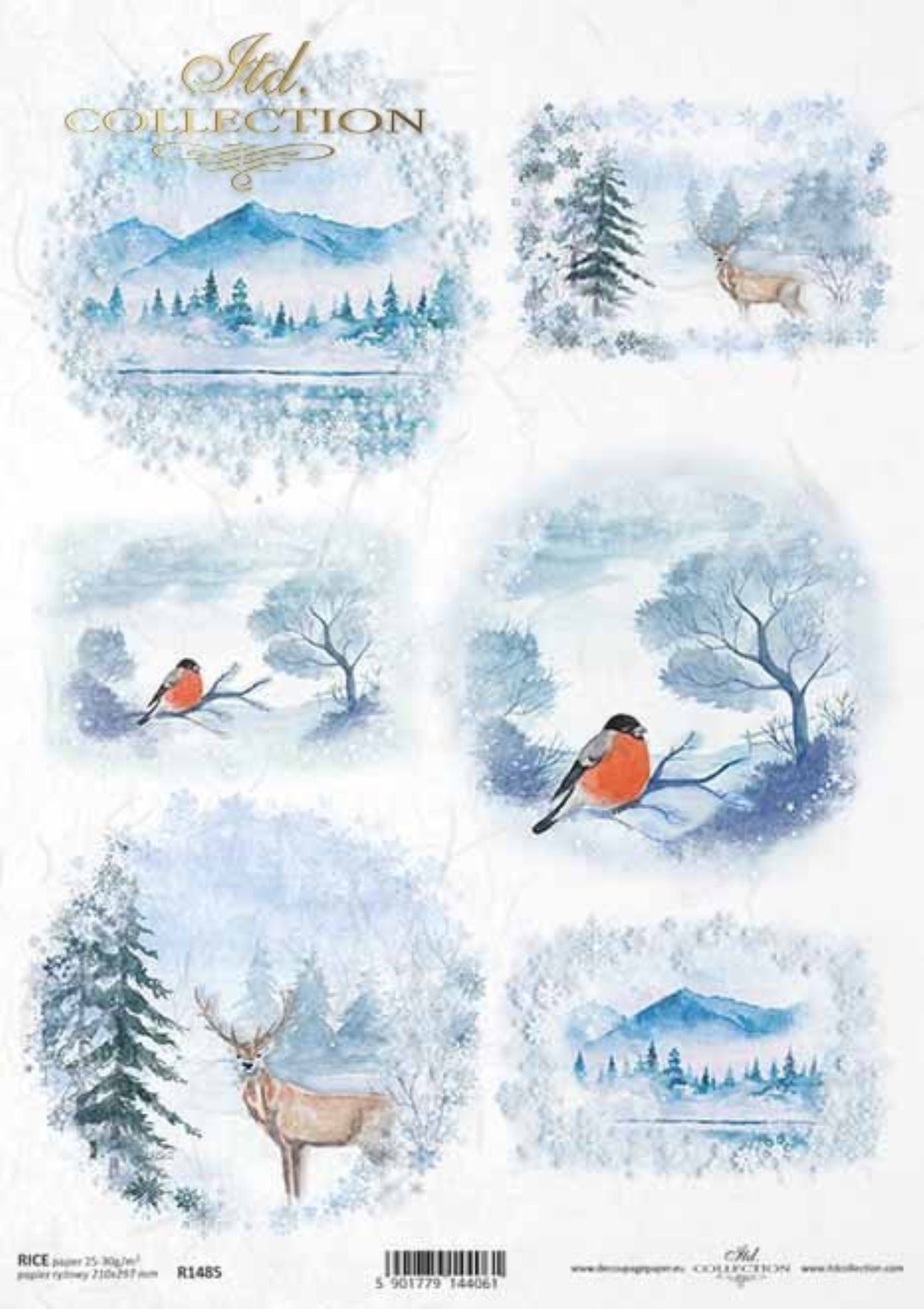 ITD Collection Rice Paper for Decoupage R1485, Size A4 - 210x297 mm, 8.27x11.7 inch, Christmas Rounds, winter views, mountains, deer, birds