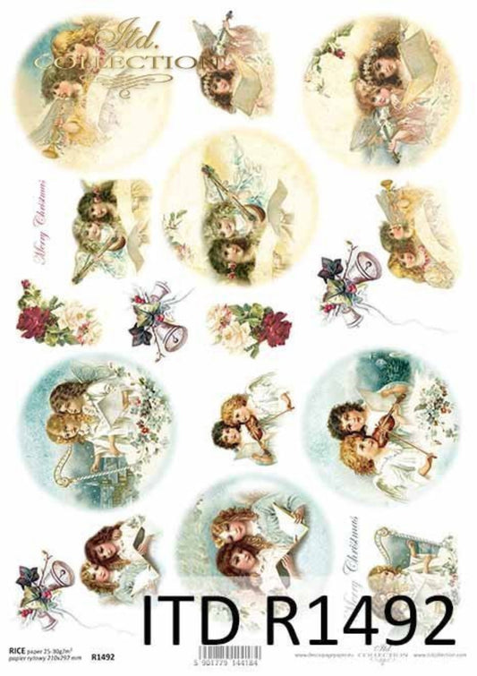 ITD Collection Rice Paper for Decoupage R1492, Size A4 - 210x297 mm, 8.27x11.7 inch, Vintage Angel Rounds, Christmas Bells, Chorus Angels