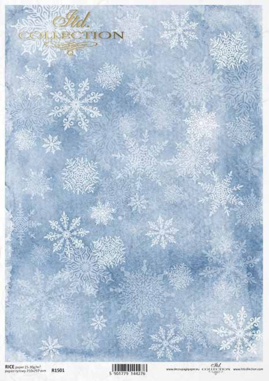 ITD Collection Rice Paper for Decoupage R1501, Size A4 - 210x297 mm, 8.27x11.7 inch, white snowflakes, blue background, Winter, snowflakes