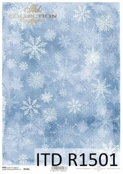 ITD Collection Rice Paper for Decoupage R1501, Size A4 - 210x297 mm, 8.27x11.7 inch, white snowflakes, blue background, Winter, snowflakes ITD Collection