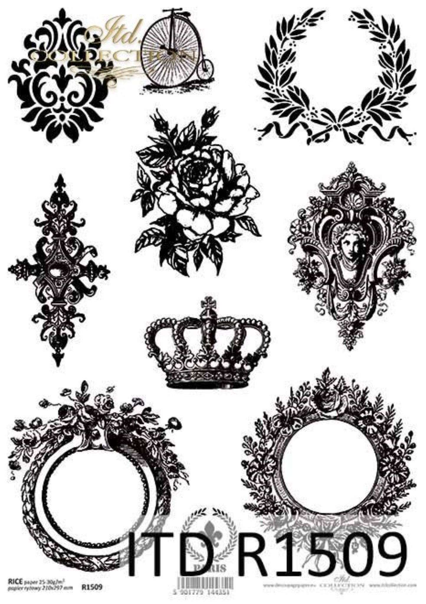 ITD Collection Rice Paper for Decoupage R1509, Size A4 - 210x297 mm, 8.27x11.7 inch, Vintage, Black, White, frames, mirror, wreath, crown