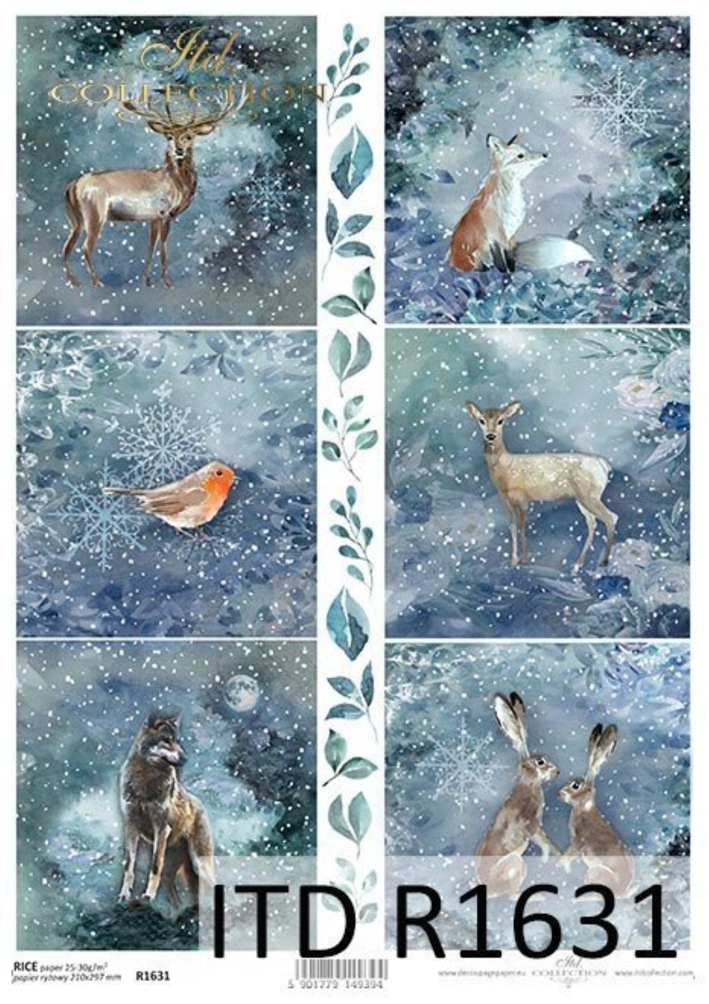 ITD Collection Rice Paper for Decoupage R1631 Size A4 - 210x297 mm, 8.27x11.7 inch Christmas, winter forest animals, blue Snow, Deer