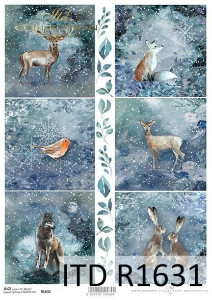 ITD Collection Rice Paper for Decoupage R1631 Size A4 - 210x297 mm, 8.27x11.7 inch Christmas, winter forest animals, blue Snow, Deer ITD Collection