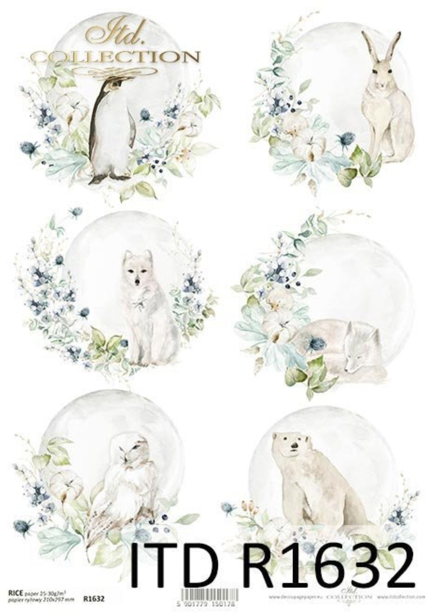 ITD Collection Rice Paper for Decoupage R1632 Size A4 - 210x297 mm, 8.27x11.7 inch Christmas rounds ornaments, winter animals, Snow, Floral