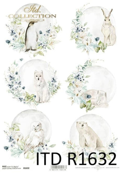 ITD Collection Rice Paper for Decoupage R1632 Size A4 - 210x297 mm, 8.27x11.7 inch Christmas rounds ornaments, winter animals, Snow, Floral ITD Collection