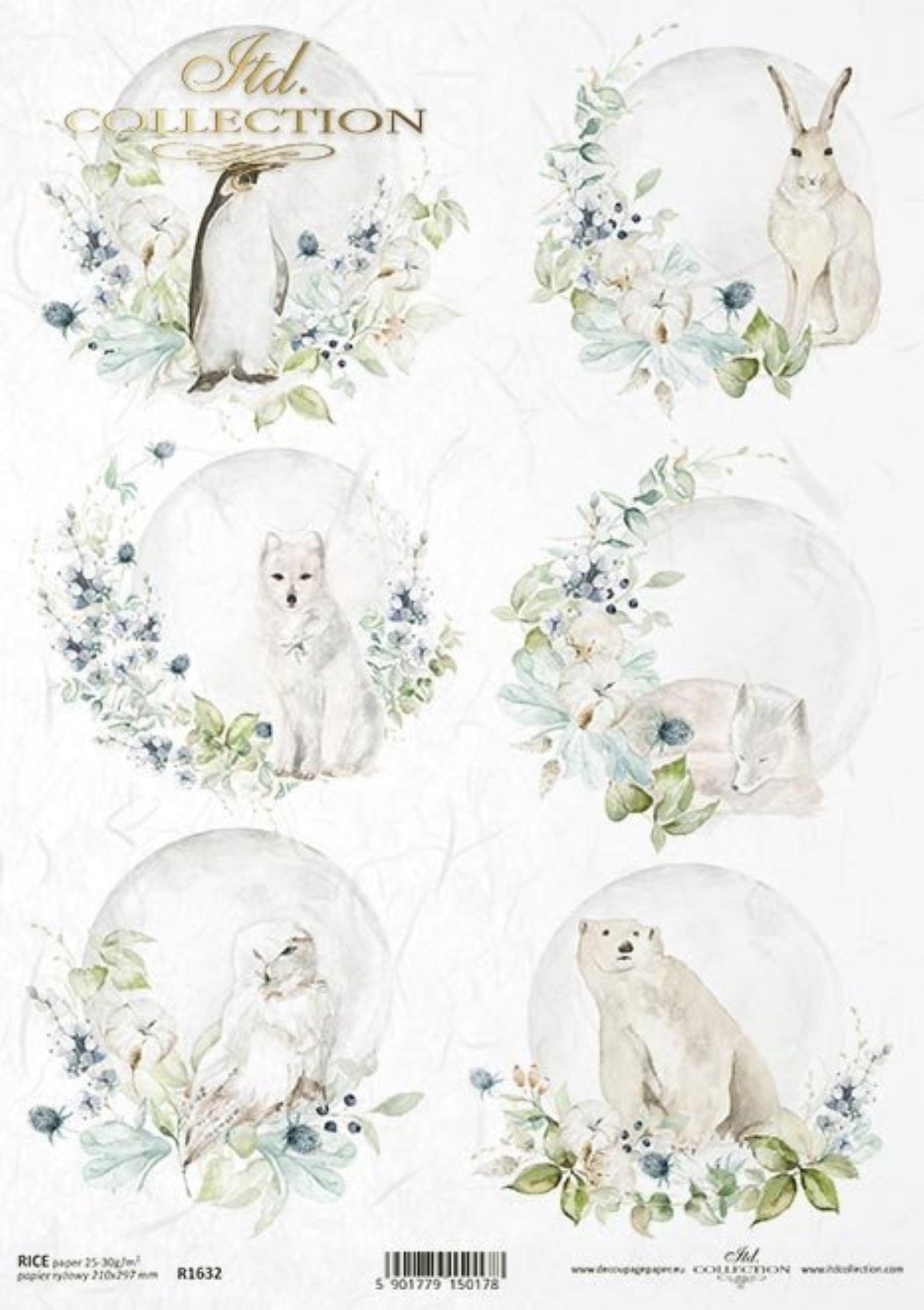 ITD Collection Rice Paper for Decoupage R1632 Size A4 - 210x297 mm, 8.27x11.7 inch Christmas rounds ornaments, winter animals, Snow, Floral