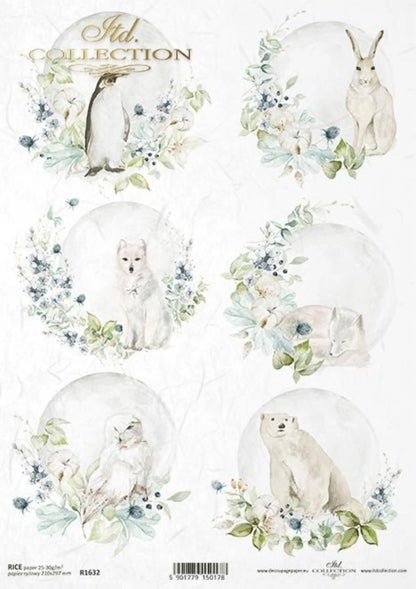 ITD Collection Rice Paper for Decoupage R1632 Size A4 - 210x297 mm, 8.27x11.7 inch Christmas rounds ornaments, winter animals, Snow, Floral ITD Collection