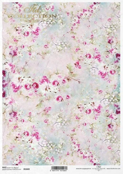 ITD Collection Rice Paper for Decoupage R1668 Size A4 - 210x297 mm, 8.27x11.7 inch Shabby Chic, background, wallpaper, watercolor, roses ITD Collection