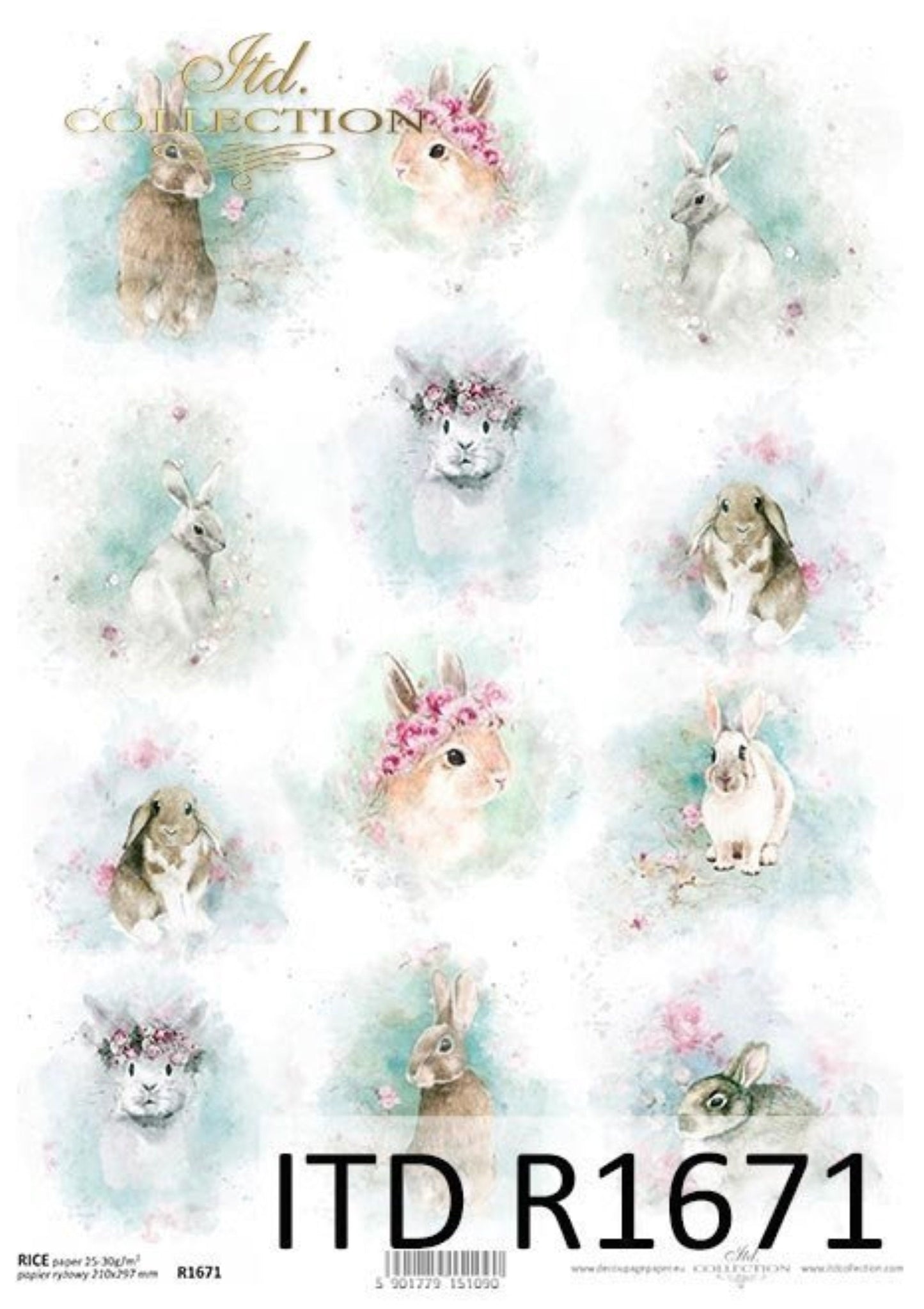 ITD Collection Rice Paper for Decoupage R1671, Size A4 - 210x297 mm, 8.27x11.7 inch, Shabby Chic, watercolors, spring, Easter bunnies Rounds