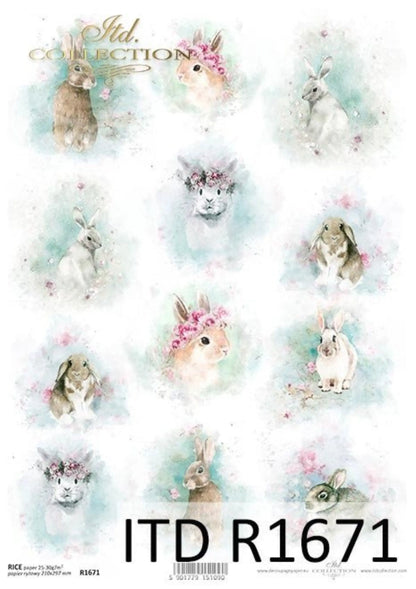 ITD Collection Rice Paper for Decoupage R1671, Size A4 - 210x297 mm, 8.27x11.7 inch, Shabby Chic, watercolors, spring, Easter bunnies Rounds ITD Collection
