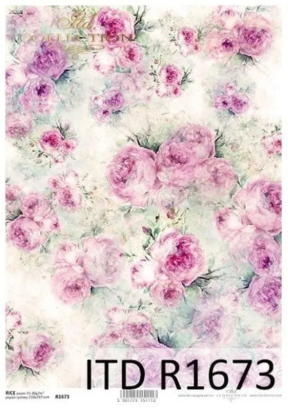 ITD Collection Rice Paper for Decoupage R1673, Size A4 - 210x297 mm, 8.27x11.7 inch, Shabby Chic, background, wallpaper, pastel pink roses ITD Collection
