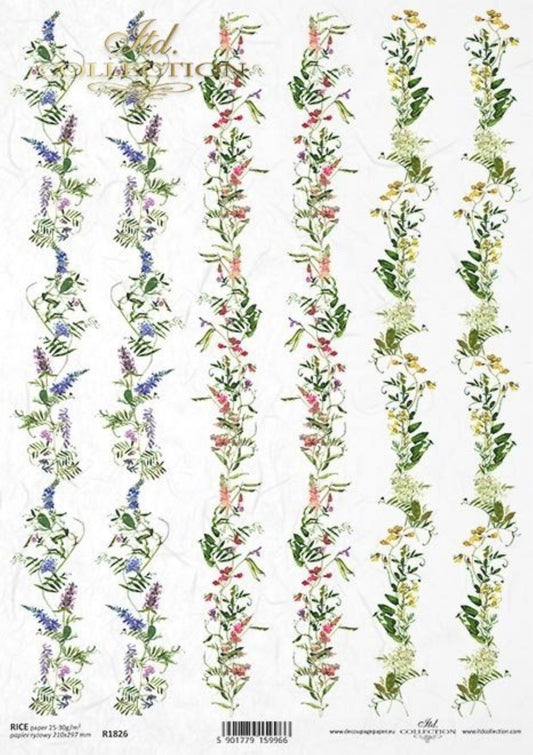 ITD Collection Rice Paper for Decoupage R1826, Size A4 - 210x297 mm, 8.27x11.7 inch, spring flower garland, trim, wallpaper, background