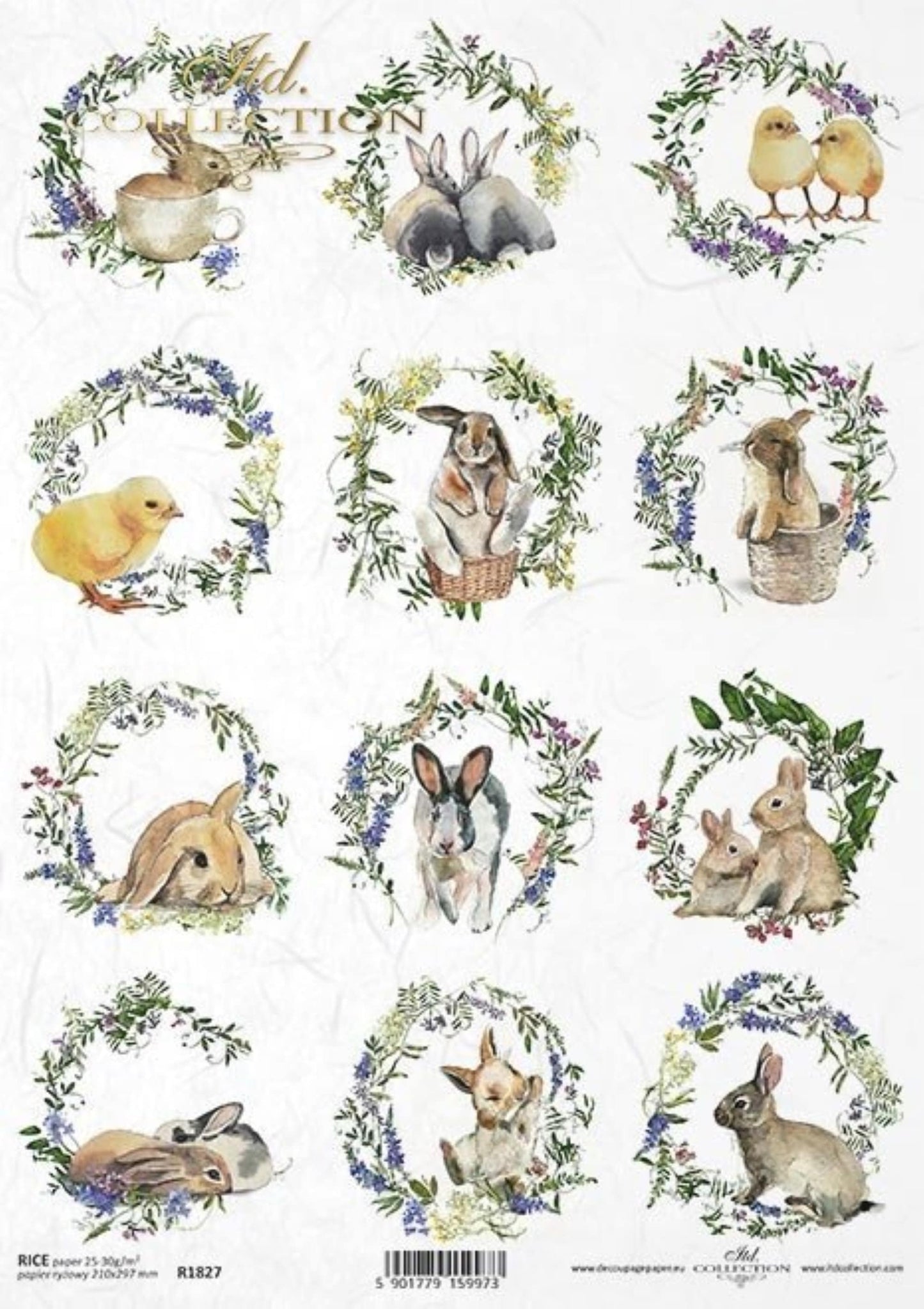 ITD Collection Rice Paper for Decoupage R1827, Size A4 - 210x297 mm, 8.27x11.7 inch, spring flowers, easter bunny rounds, wreaths, rabbits