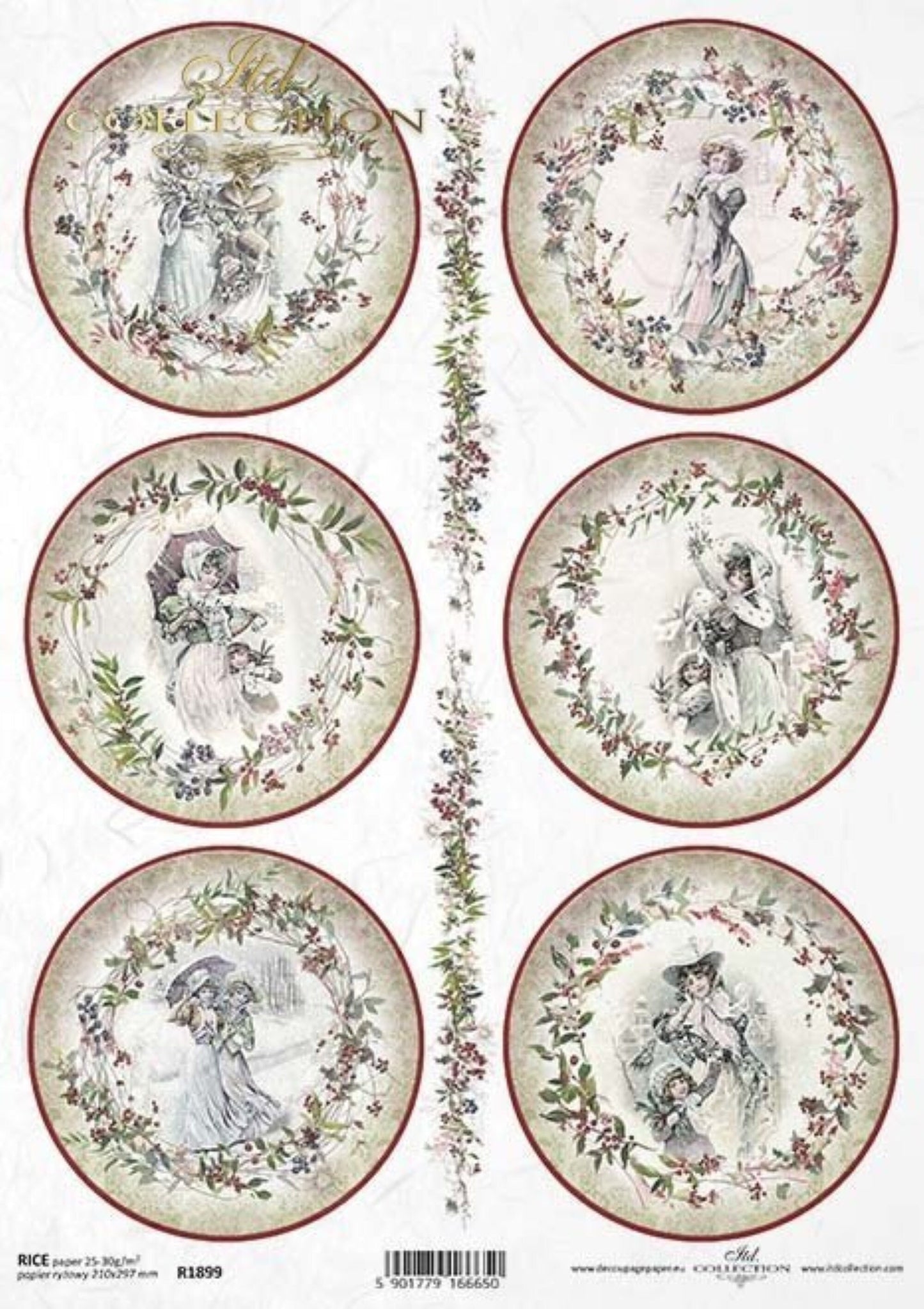 ITD Collection Rice Paper for Decoupage R1899 Size A4 - 210x297 mm, 8.27x11.7 inch, Christmas Rounds, Victorian, women, vintage, wreaths