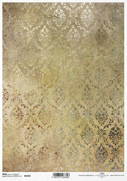 ITD Collection Rice Paper for Decoupage R1923 Size A4 - 210x297 mm, 8.27x11.7 inch, Damask wallpaper in gold tones, background ITD Collection