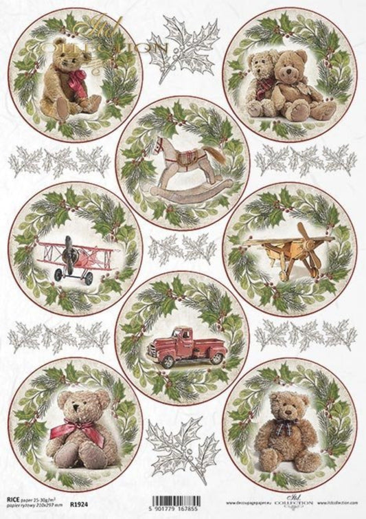 ITD Collection Rice Paper for Decoupage R1924 Size A4 - 210x297 mm, 8.27x11.7 inch, Christmas Rounds, Vintage Toys, Teddy Bears, Ornaments