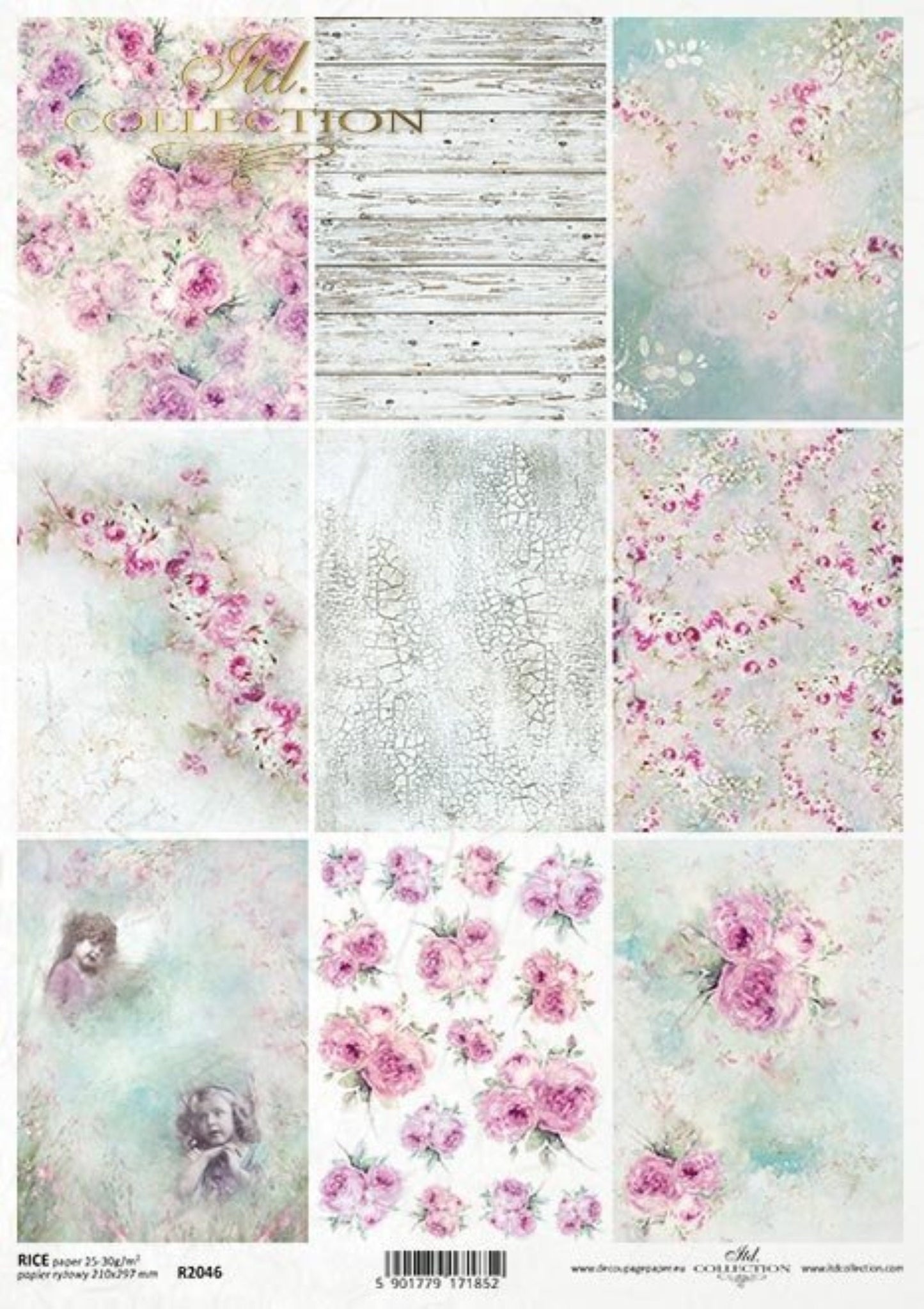 ITD Collection Rice Paper for Decoupage R2046 Size A4 - 210x297 mm, 8.27x11.7 inch, Shabby Chic flowers, roses, birds, bunnies, squares