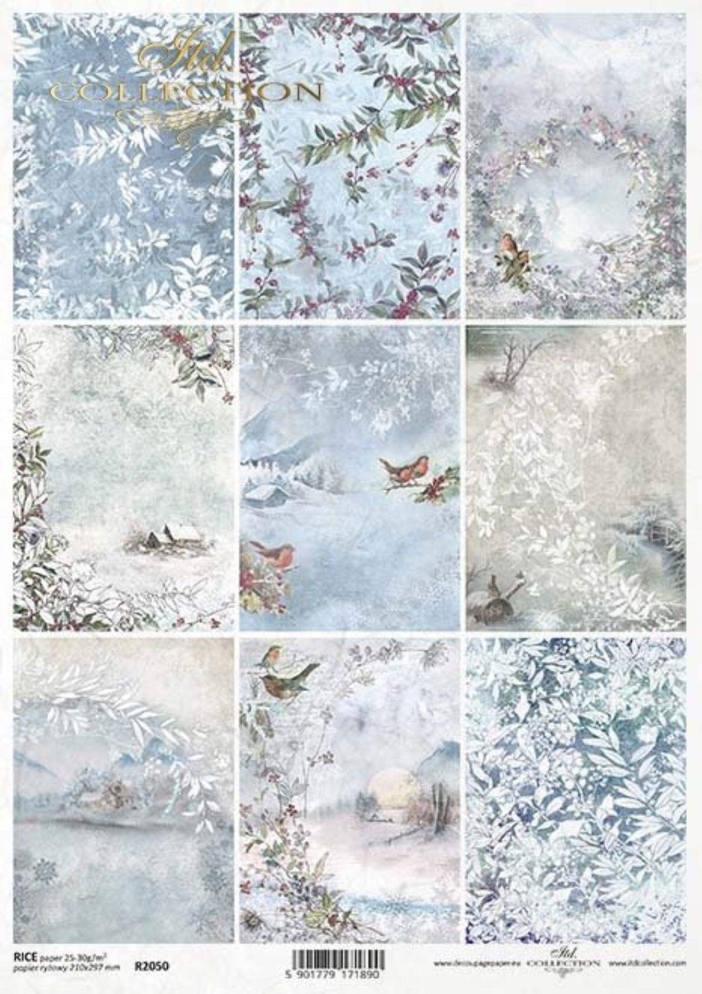 ITD Collection Rice Paper for Decoupage R2050 Size A4 - 210x297 mm, 8.27x11.7 inch, winter snow scenes, birds, wallpaper, wreath, background