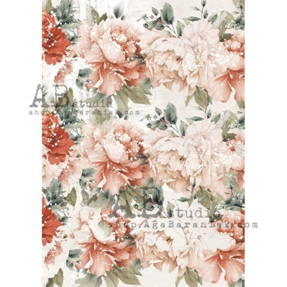 AB Studio Peach Shabby Chic Flowers Floral, Wallpaper, 0691 Size: A4 - 8.27 X 11.69 inches Rice Paper for Decoupage Imported from Poland AB Studio