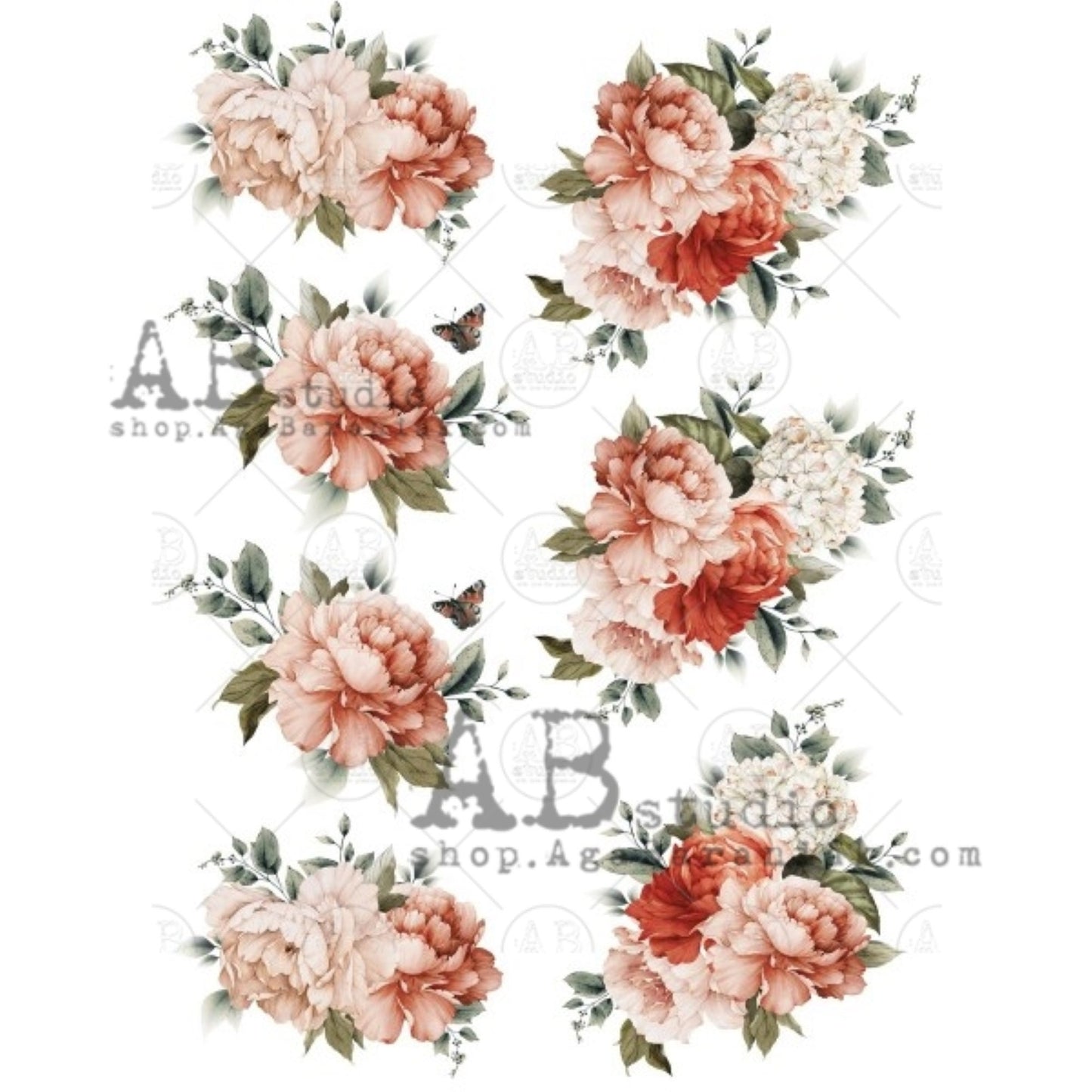 AB Studio Peach Shabby Chic, roses, Floral, bouquets, 0678 Size: A4 - 8.27 X 11.69 inches Rice Paper for Decoupage Imported from Poland
