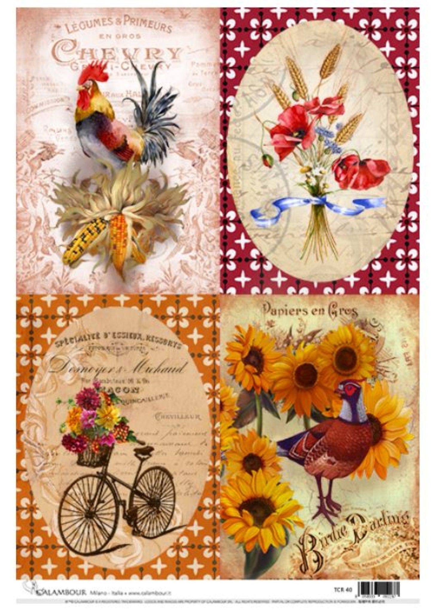 Calambour French Country TCR 40 A3 Rice Paper for Decoupage, Rooster, Bird, Bicycle, 31.75 x 44.5 cm 12.5 x 17.5 in