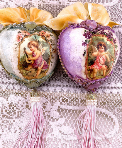 Handcrafted, Shabby Chic, Valentine Heart Ornament Set of 4, Decoupage Pink Cupid Love Heart Ornaments, Valentine's Day Ornament Decorations Handmade by Pamela