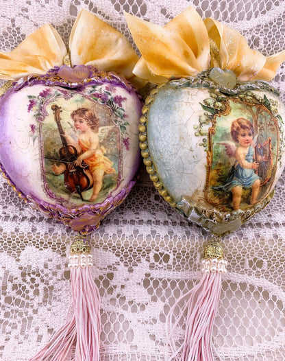 Handcrafted, Shabby Chic, Valentine Heart Ornament Set of 4, Decoupage Pink Cupid Love Heart Ornaments, Valentine's Day Ornament Decorations Handmade by Pamela